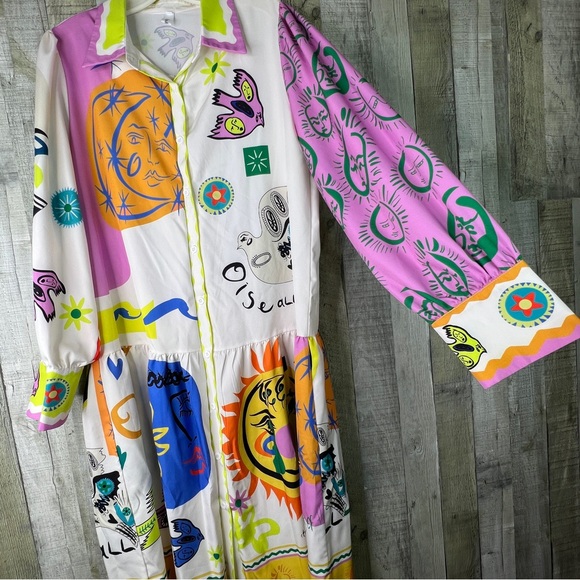 Fashion Multi Print Maxi Dress Button Front Long Sleeve w/Button Cuff w/Collar - Picture 5 of 9